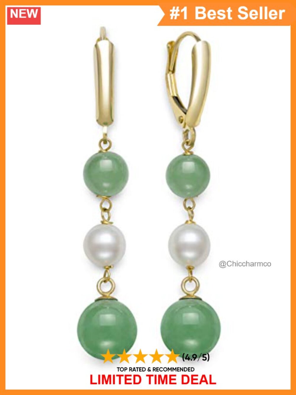 14K Yellow Gold Jade & Freshwater Pearl Drop Dangle Earrings Fine Jewelry